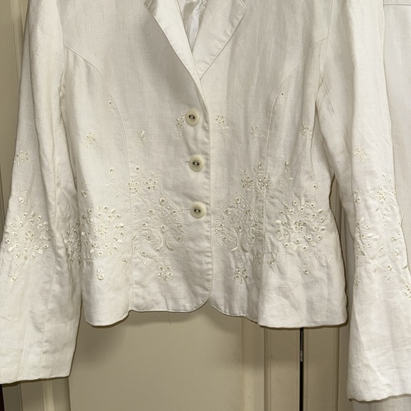 Carole Little White Linen Embroidered Pantsuit 90’s Wide Leg Tailored Fit Sz 6 - Picture 3 of 15